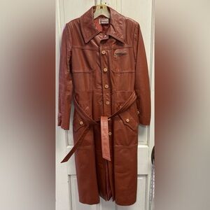 Vintage Foxmoor Genuine Leather Long Trench Coat Women Size 9/10 Rust/Orange/Red